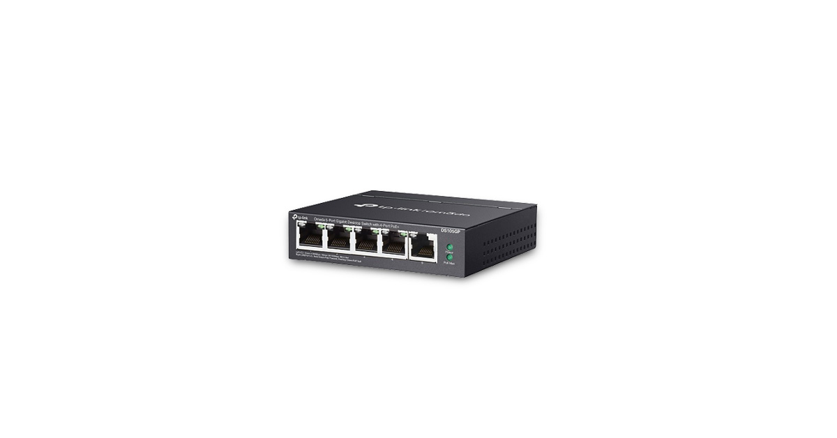 DS105GP 5-port Gigabit PoE+ desktop switch installed in home network setup — Liberty Security Canada